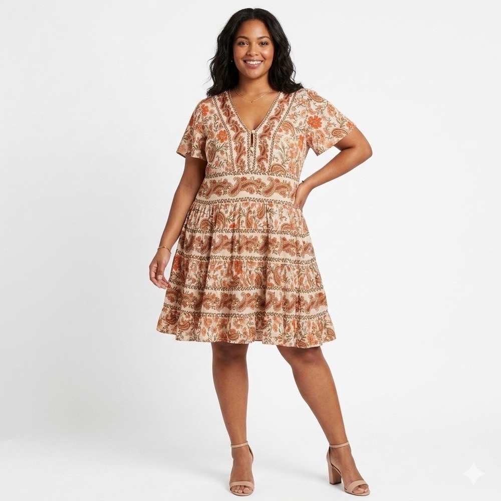 Bila Boho Tiered Mini Dress Size XXL Cream Orange Paisley V-Neck Short Sleeve
